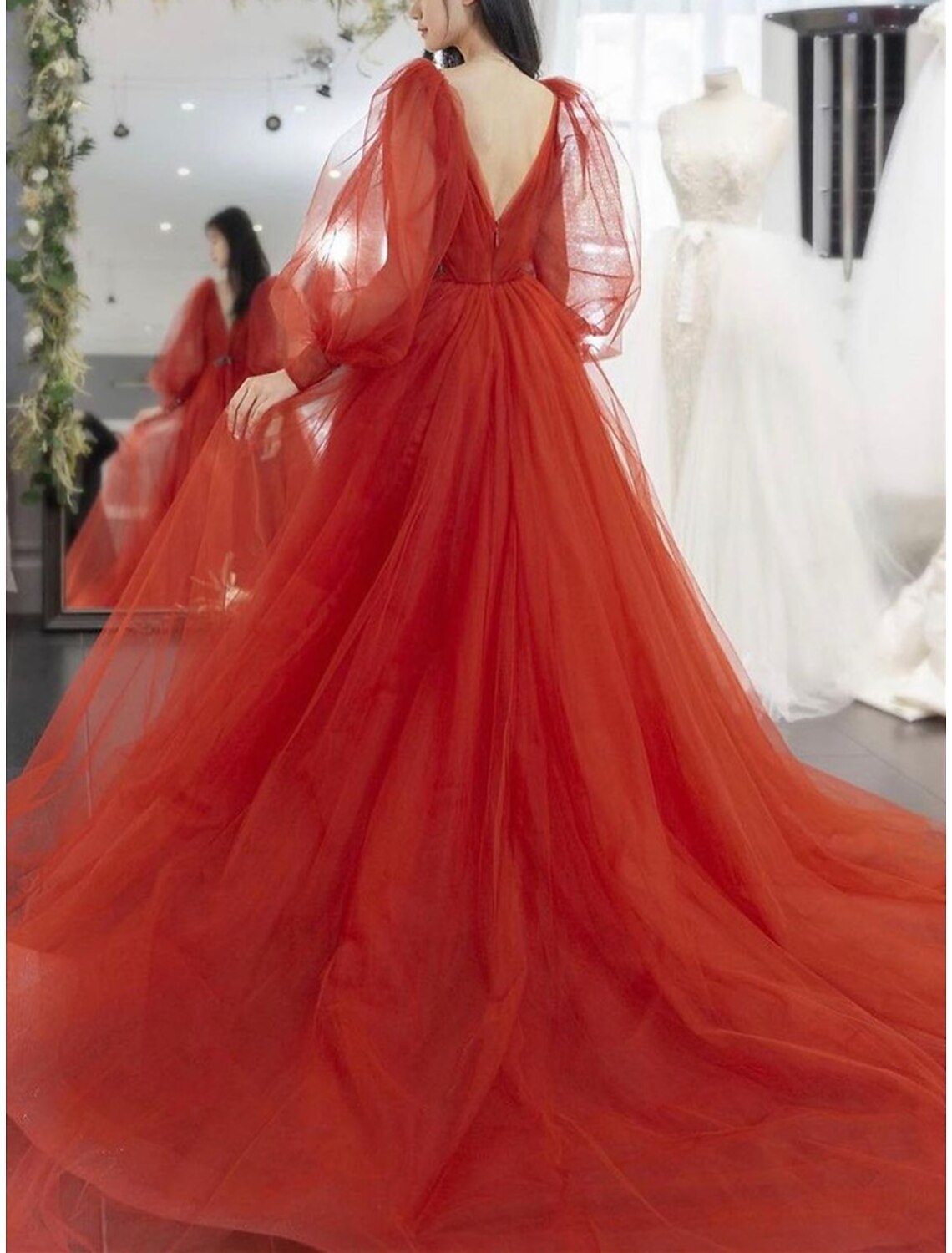 A-Line Prom Dresses Luxurious Dress Engagement Prom Watteau Train Long Sleeve V Neck Tulle V Back with Sleek Pure Color 2025